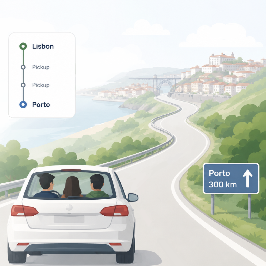 Illustration of a car with passengers driving from Lisbon to Porto with pickup stops along the way.