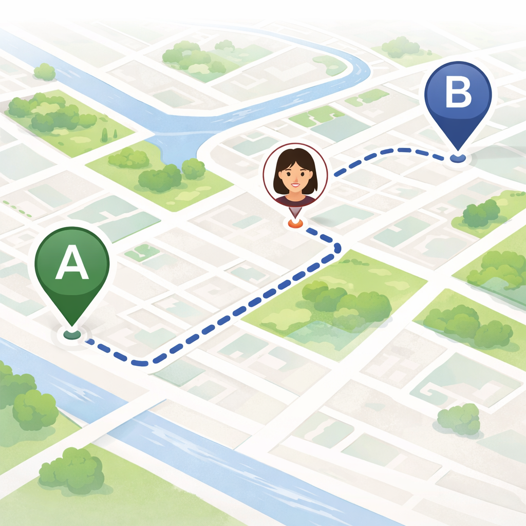 Route illustration showing a commuter moving between two mapped points.